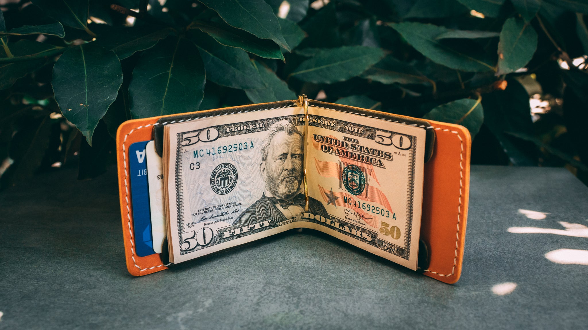 Leather wallet with moneyclip